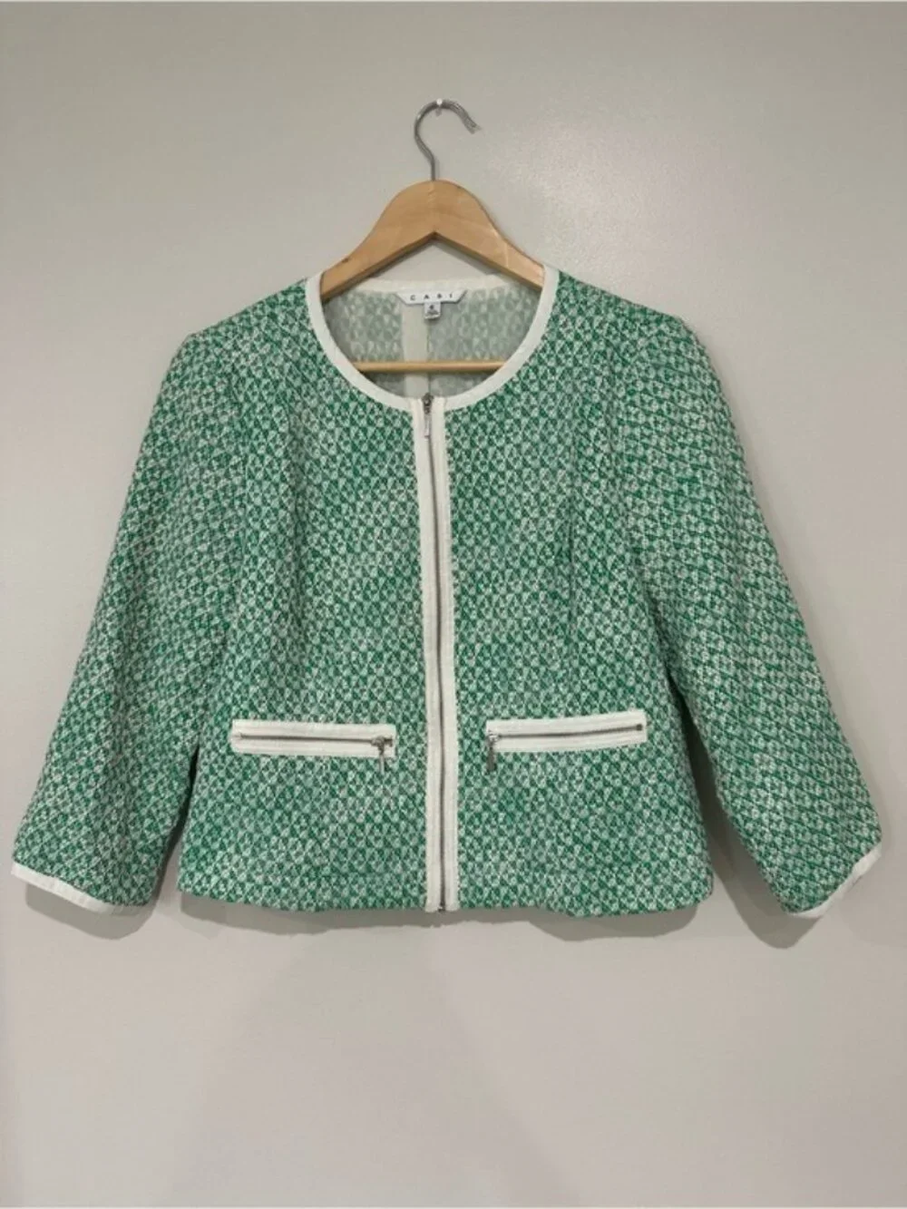 CAbi Clover Tweed Jacket Green White Zip Front Blazer Size 6 Style 726